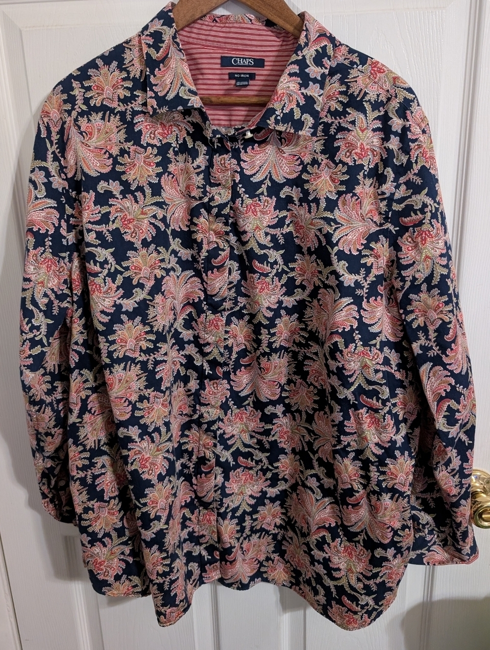 Chaps No Iron Womens Top Paisley Blue Button Long Sleeve Plus Size 3X
